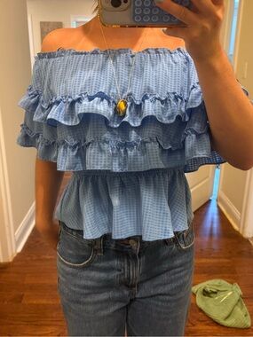Vestique Light Blue Off-Shoulder Ruffle Peplum Top